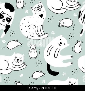 Doodle cats and cute mouses seamless pattern. Scandinavian children`s background with kitties and rats. Can be used for packaging, wallpaper, textiles Stock Vector